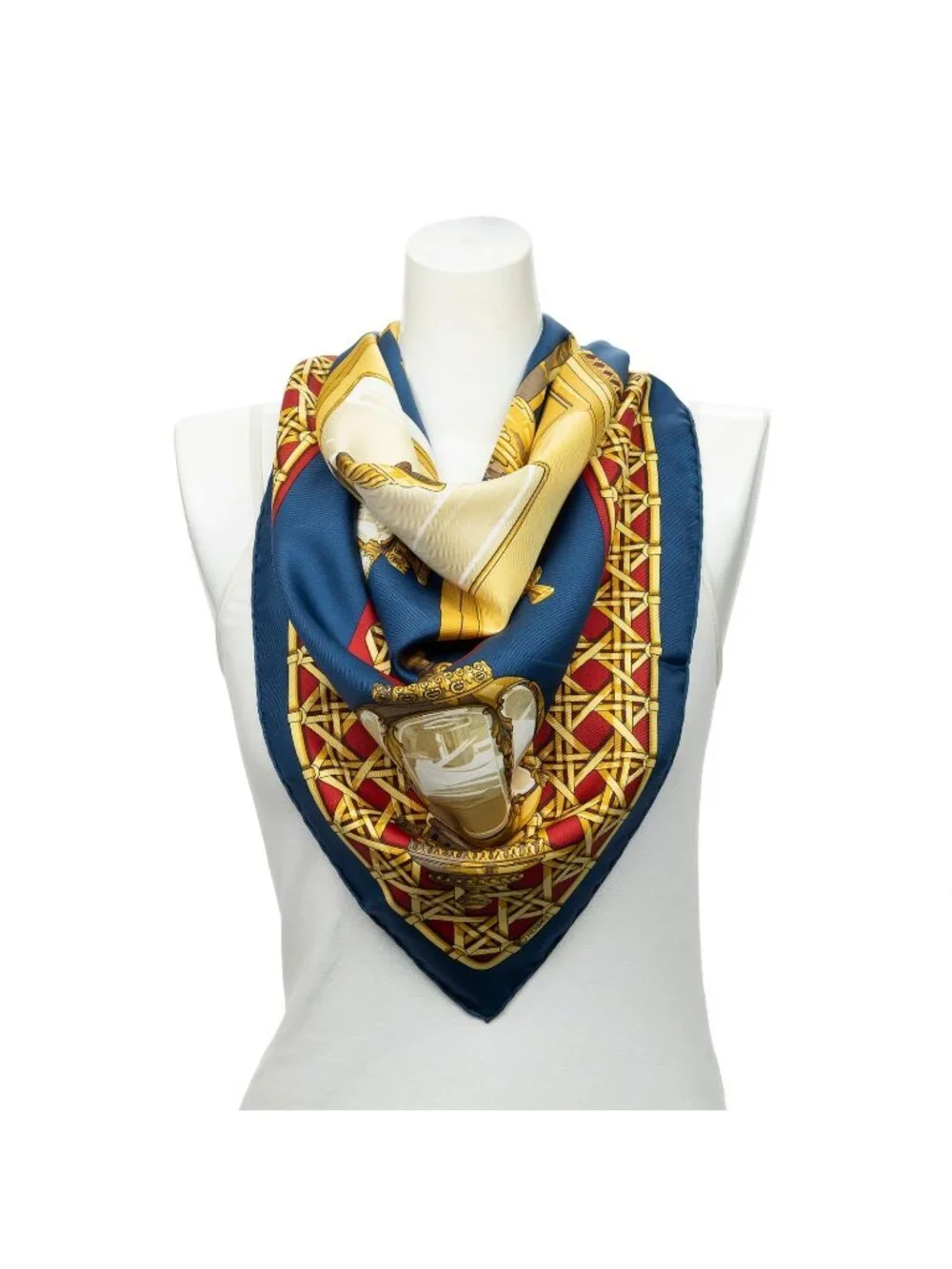 Hermes Scarf Navy Red 100% Gold Twill Silk